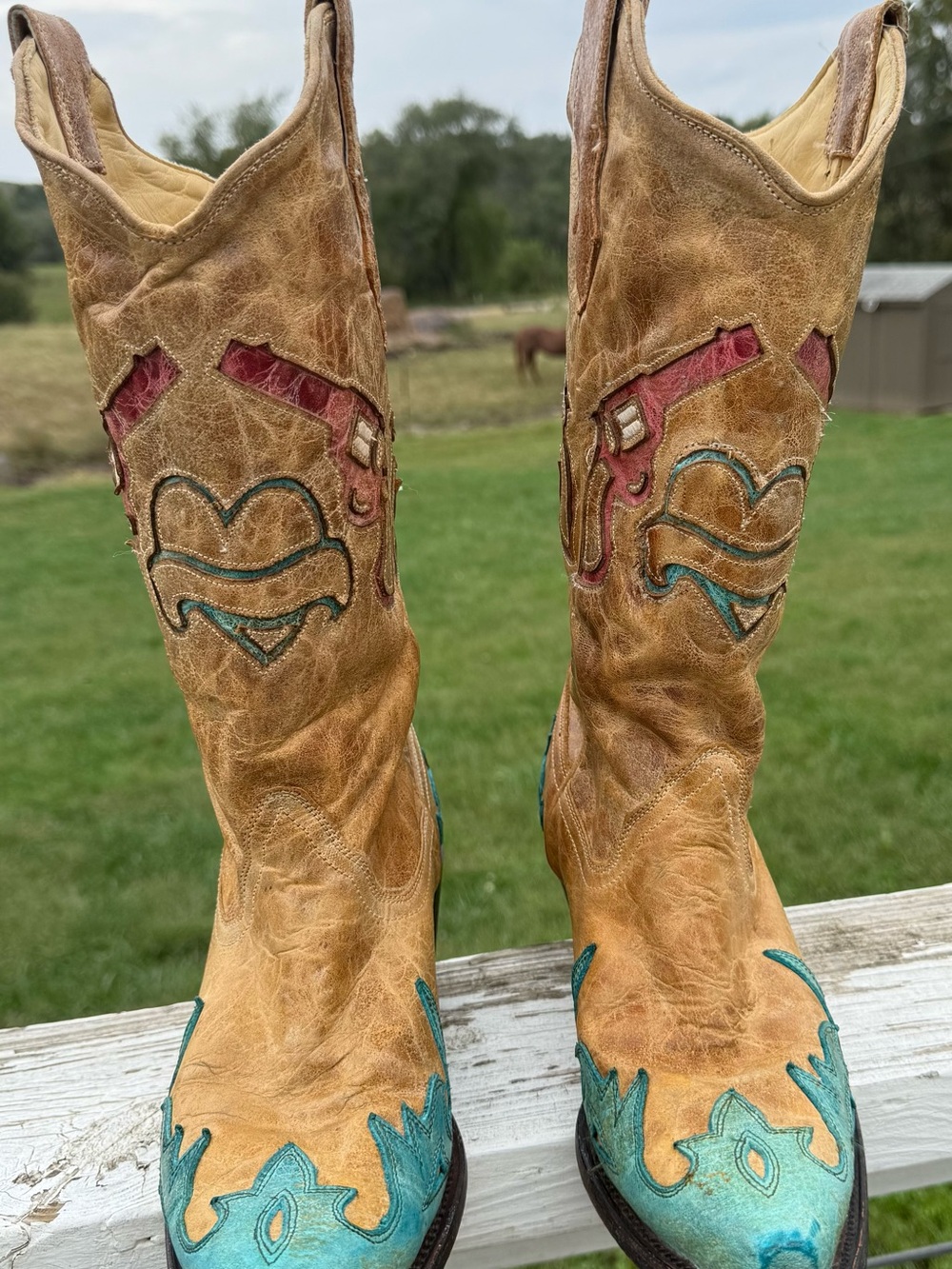 Women's Tan Leather Cowboy Boots with Turquoise & Pink Accents